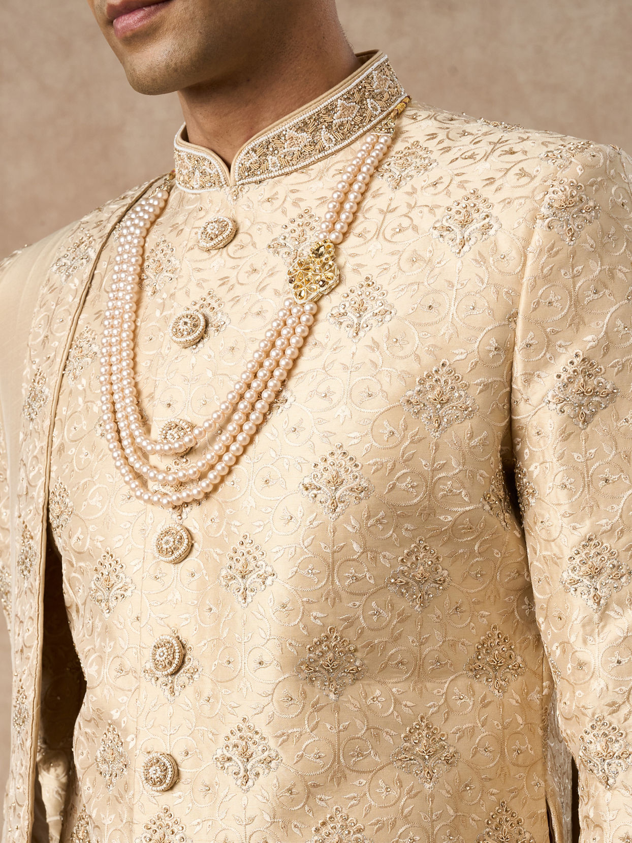 Manyavar Men Beige Art Silk Sherwani with Embroidery