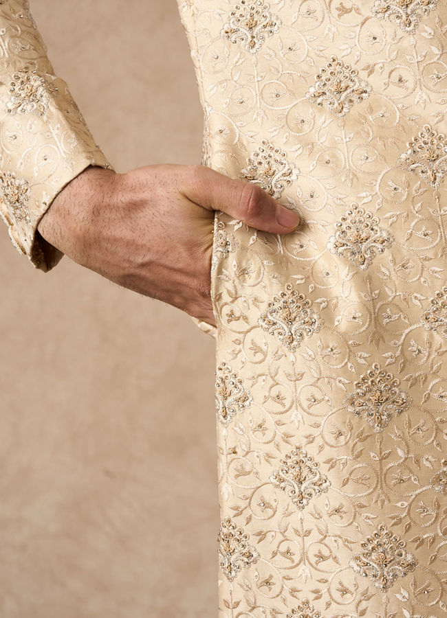 Manyavar Men Beige Art Silk Sherwani with Embroidery
