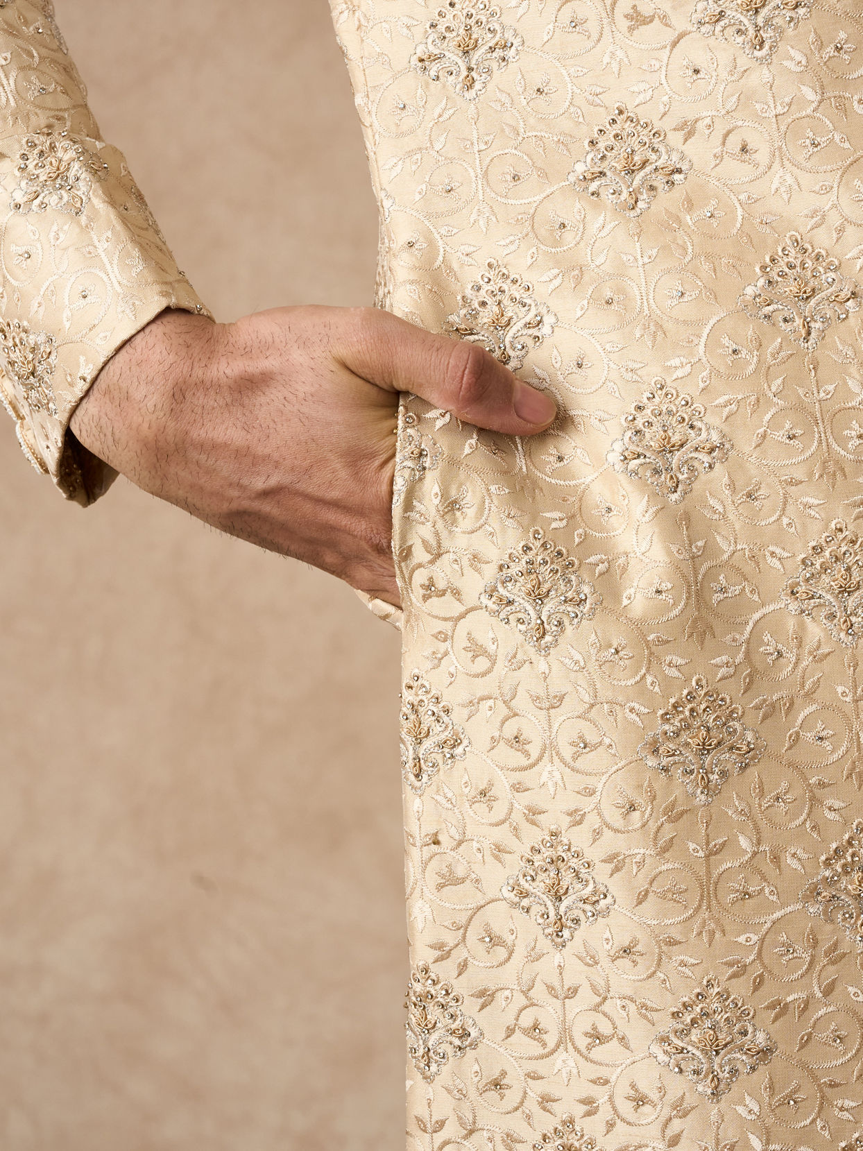 Manyavar Men Beige Art Silk Sherwani with Embroidery