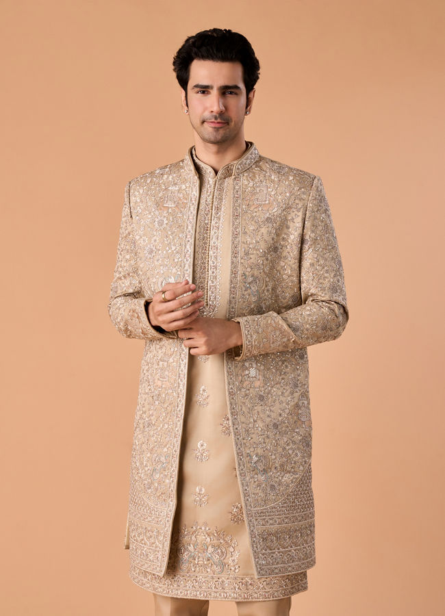 Manyavar Men Beauteous Beige Open Sherwani