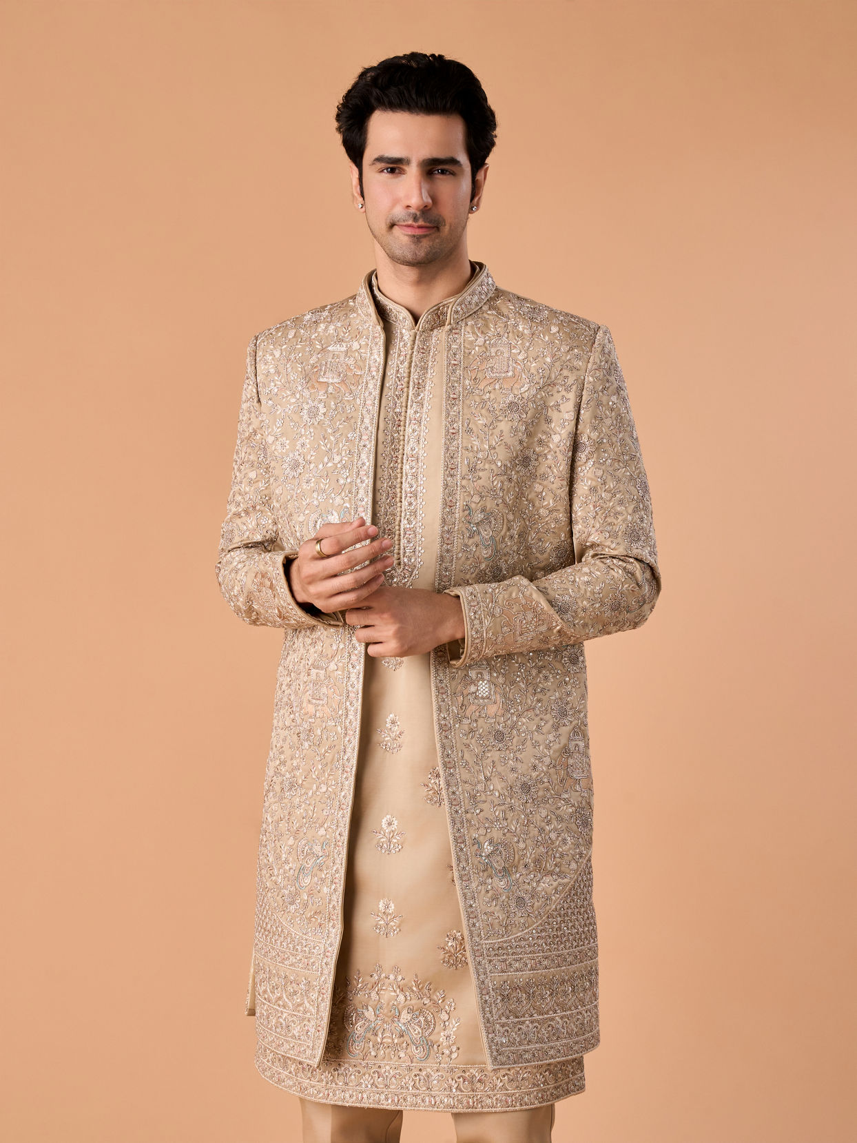Manyavar Men Beauteous Beige Open Sherwani