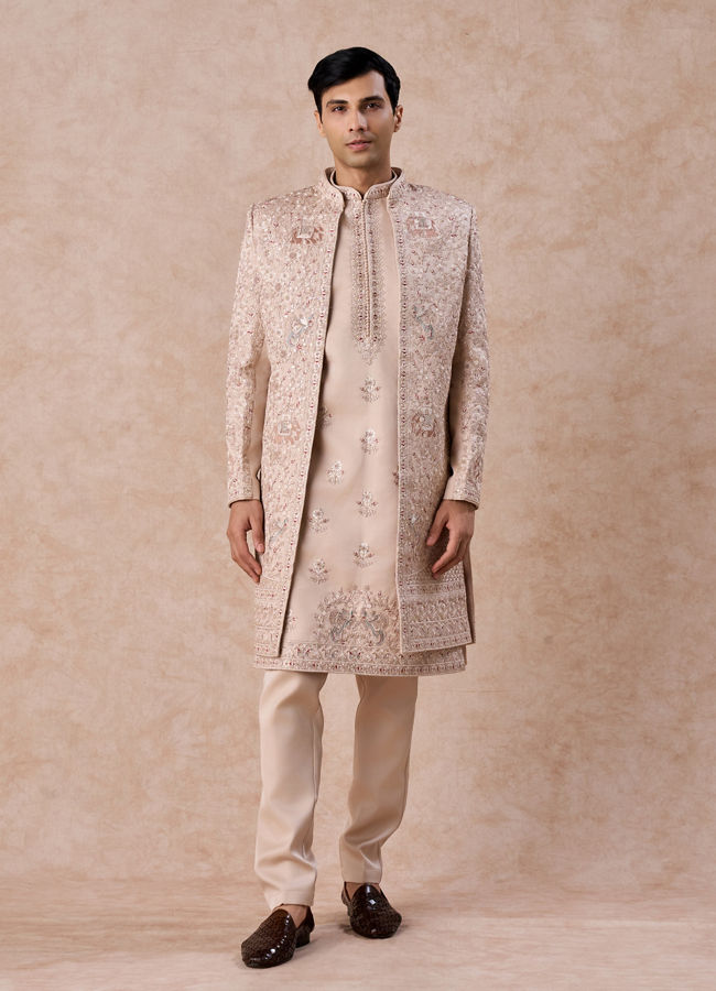 Manyavar Men Champagne Art Silk Sherwani Set with Fauna Motifs