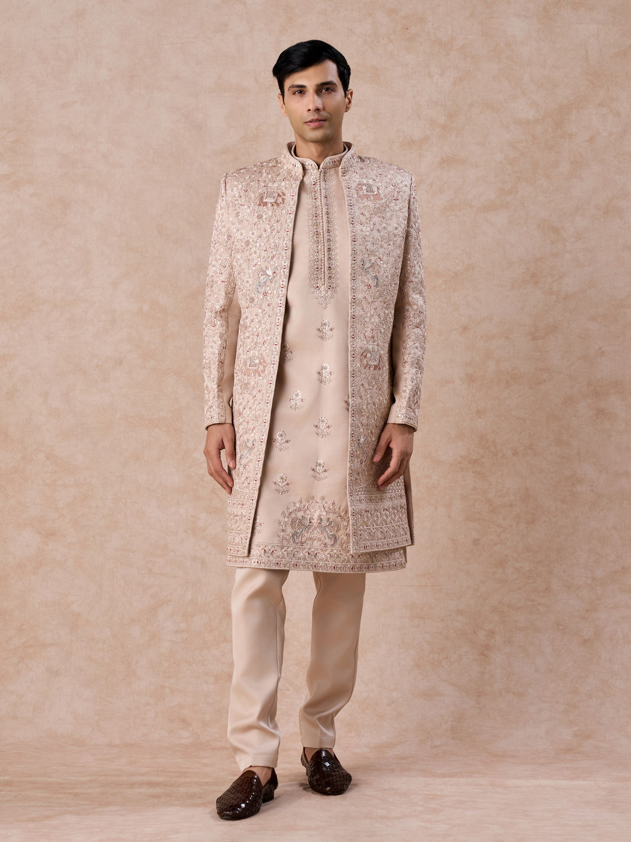 Manyavar Men Champagne Art Silk Sherwani Set with Fauna Motifs