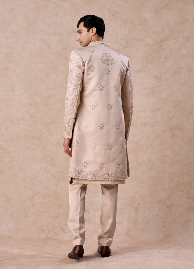 Manyavar Men Champagne Art Silk Sherwani Set with Fauna Motifs