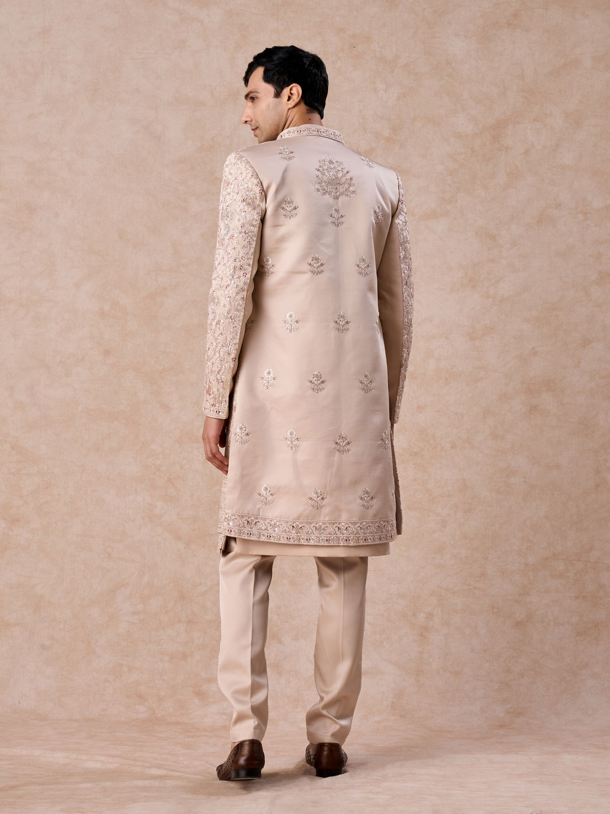 Manyavar Men Champagne Art Silk Sherwani Set with Fauna Motifs