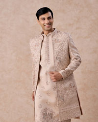 Manyavar Men Champagne Art Silk Sherwani Set with Fauna Motifs