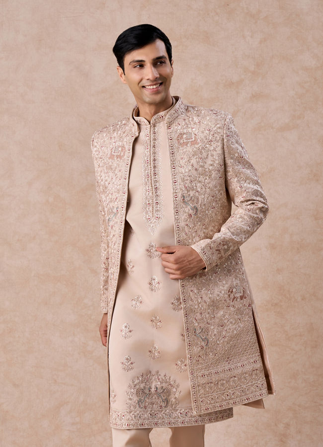 Manyavar Men Champagne Open Sherwani Set with Fauna Motifs