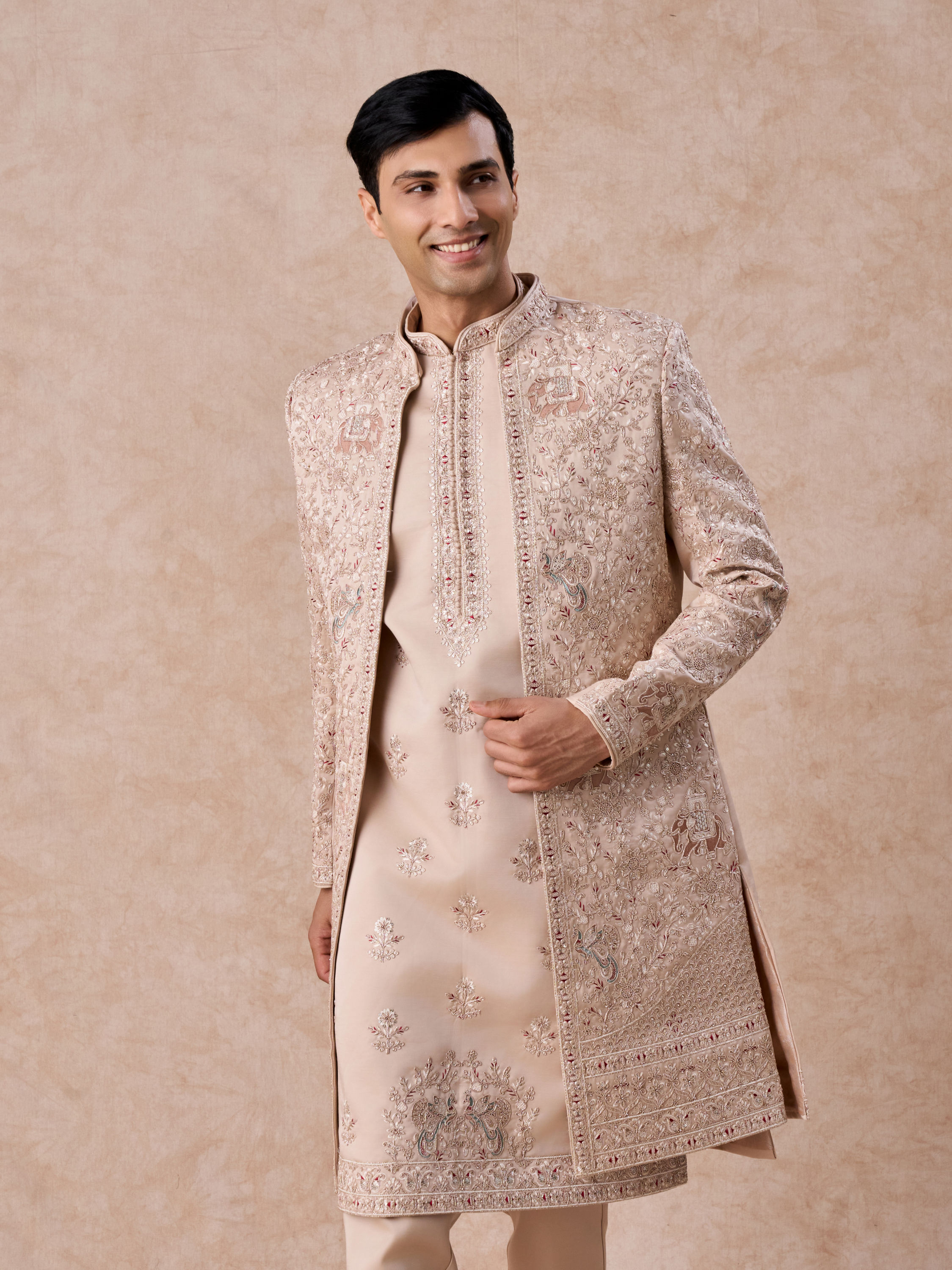 Manyavar Men Champagne Art Silk Sherwani Set with Fauna Motifs