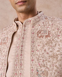 Manyavar Men Champagne Art Silk Sherwani Set with Fauna Motifs