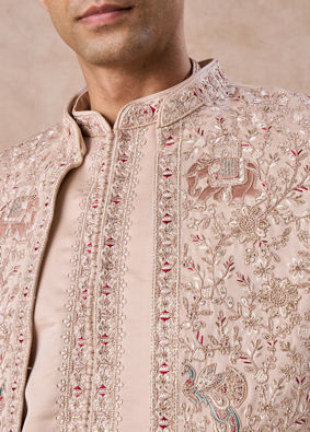 Manyavar Men Champagne Open Sherwani Set with Fauna Motifs