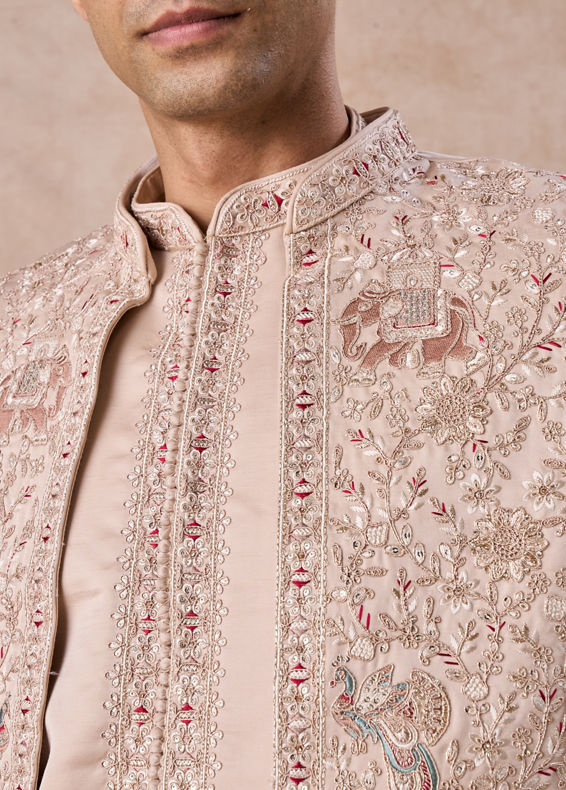 Manyavar Men Champagne Art Silk Sherwani Set with Fauna Motifs