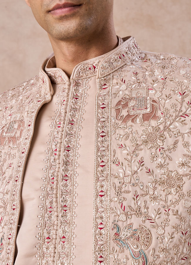 Manyavar Men Champagne Open Sherwani Set with Fauna Motifs