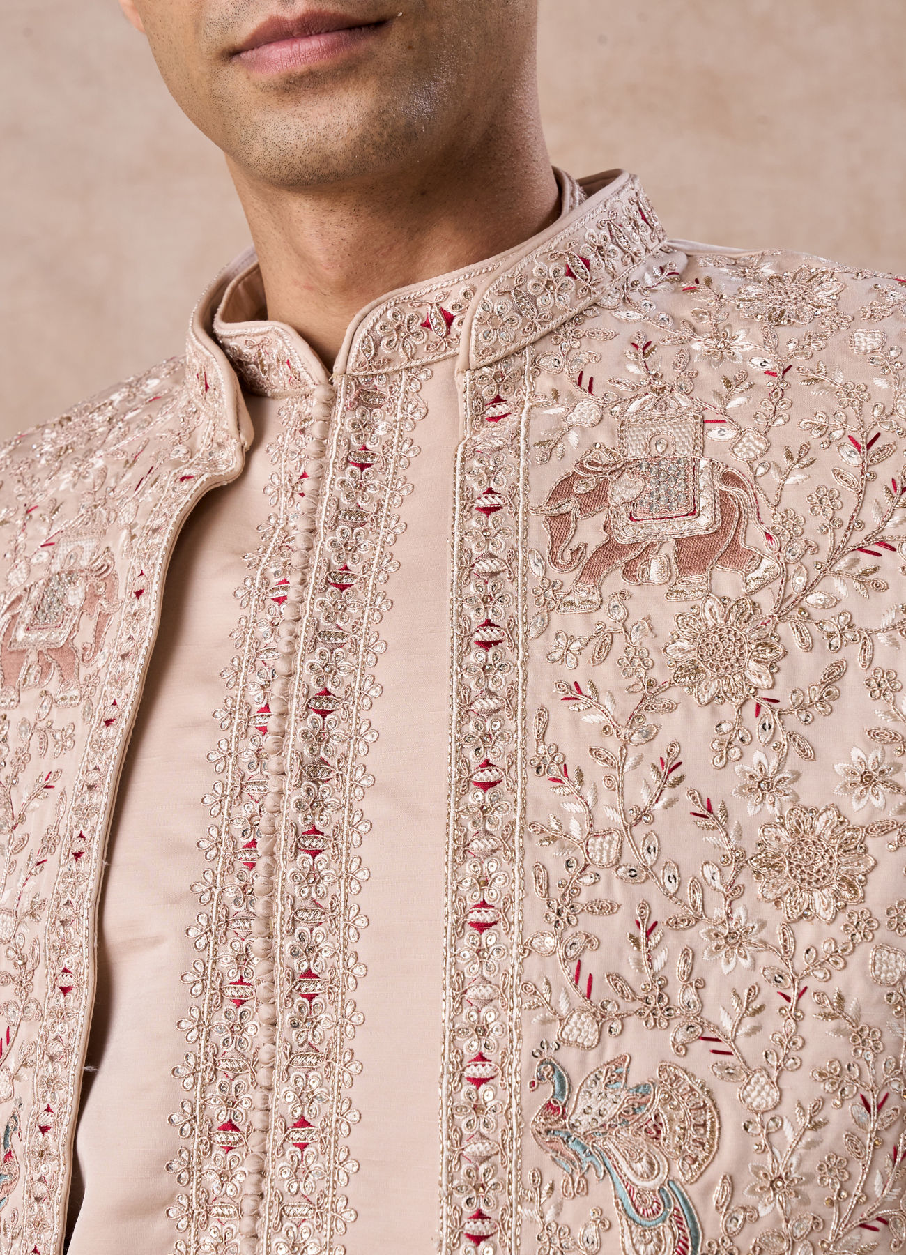 Manyavar Men Champagne Art Silk Sherwani Set with Fauna Motifs