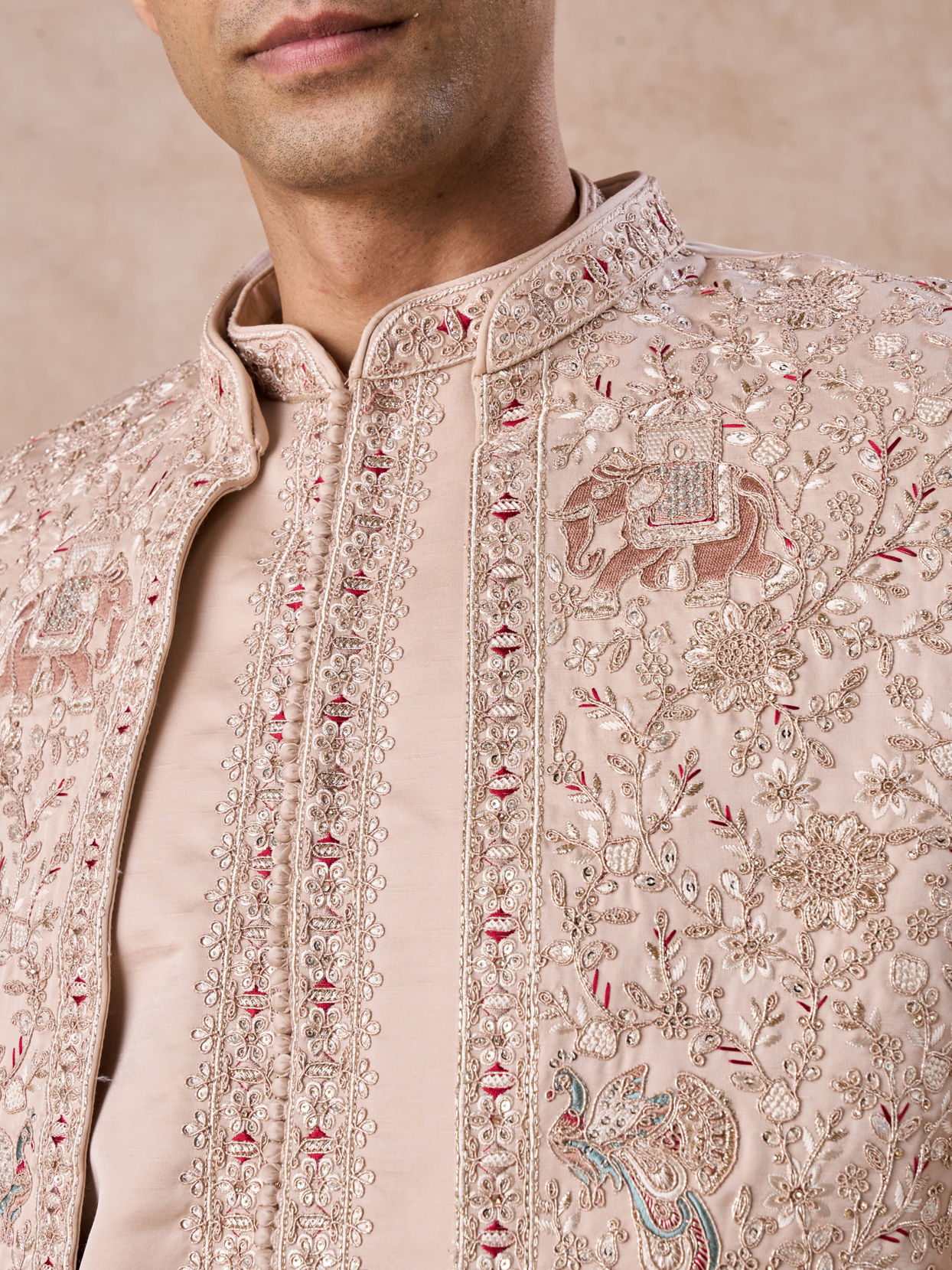 Manyavar Men Champagne Open Sherwani Set with Fauna Motifs