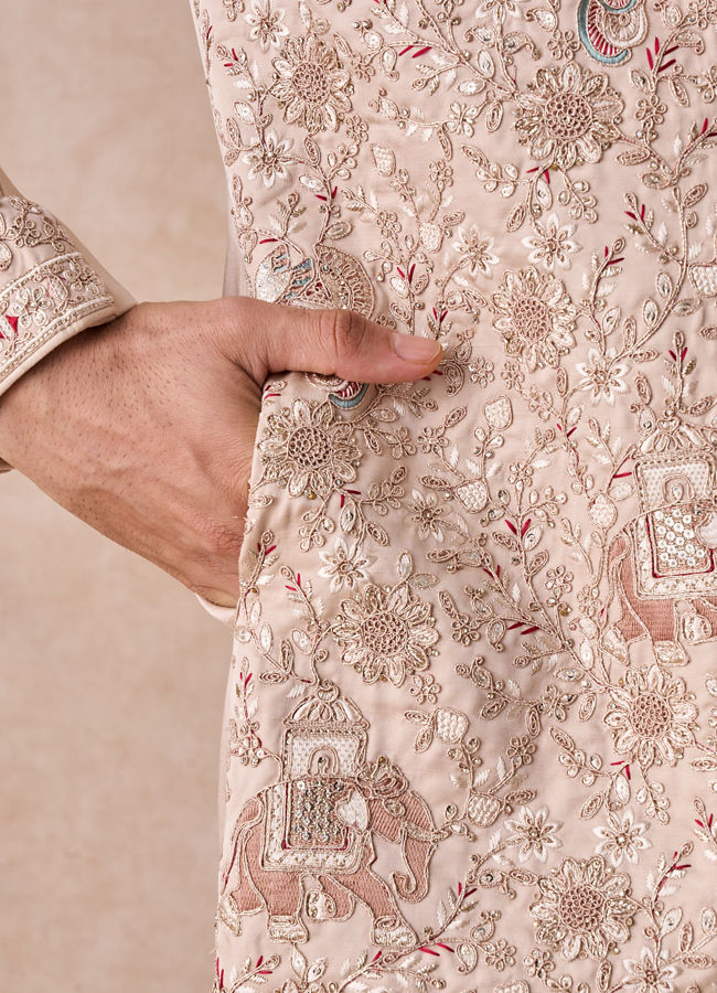 Manyavar Men Champagne Art Silk Sherwani Set with Fauna Motifs