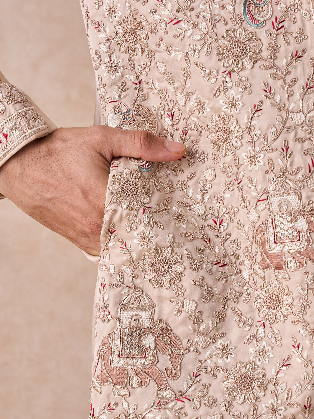 Manyavar Men Champagne Art Silk Sherwani Set with Fauna Motifs