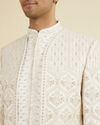 Manyavar Men Elegant White Art Silk Sherwani with Intricate Embroidery