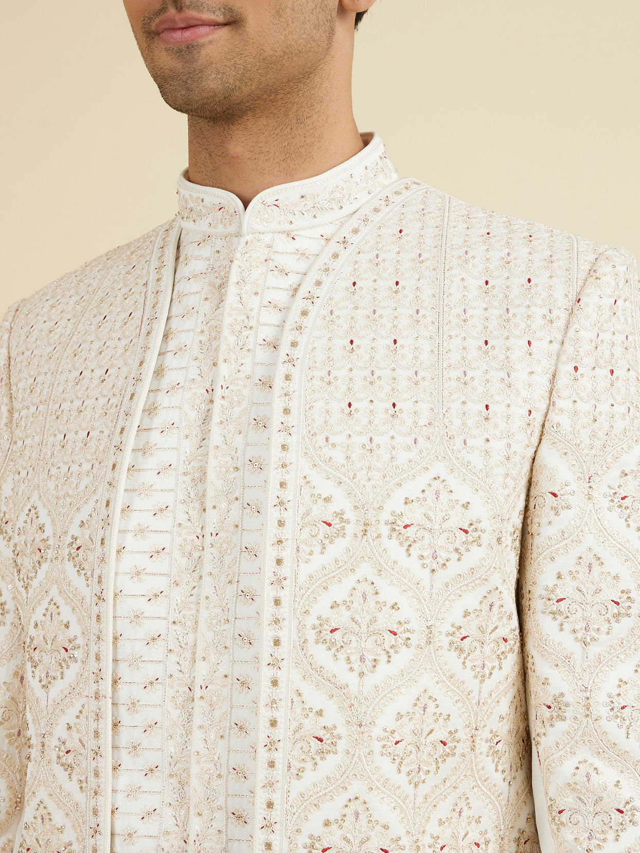 Manyavar Men Elegant White Art Silk Sherwani with Intricate Embroidery