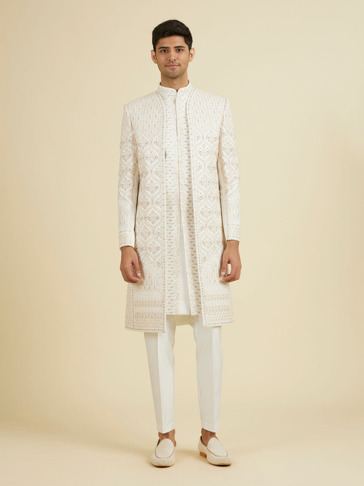 Manyavar Men Elegant Warm White Open Sherwani