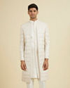 Manyavar Men Elegant White Art Silk Sherwani with Intricate Embroidery
