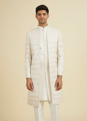 Manyavar Men Elegant White Art Silk Sherwani with Intricate Embroidery