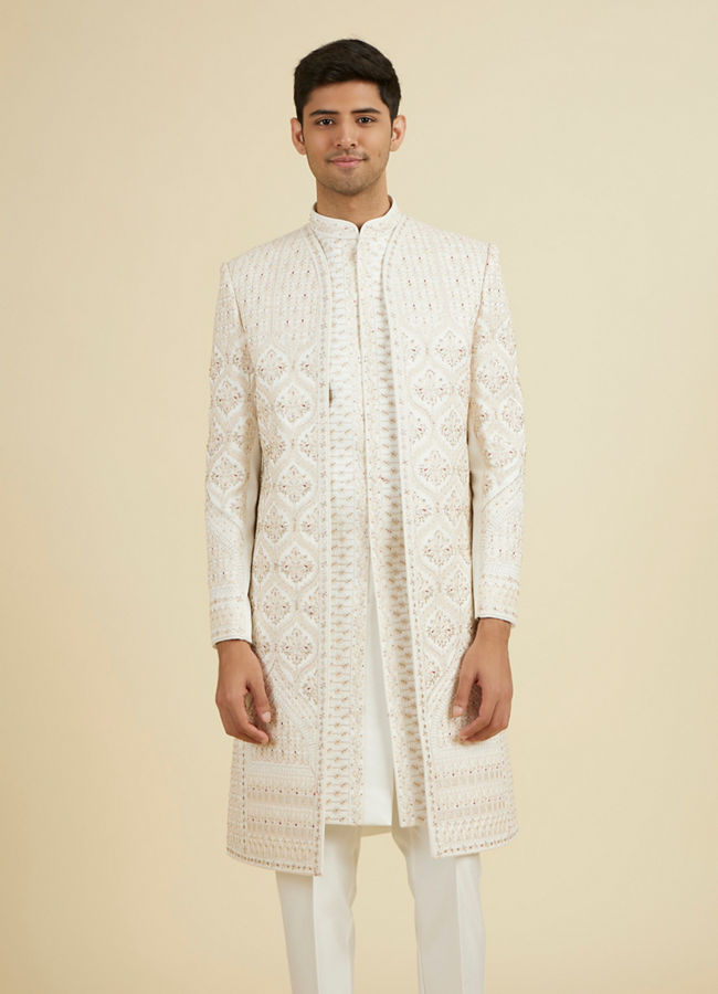 Manyavar Men Elegant White Art Silk Sherwani with Intricate Embroidery