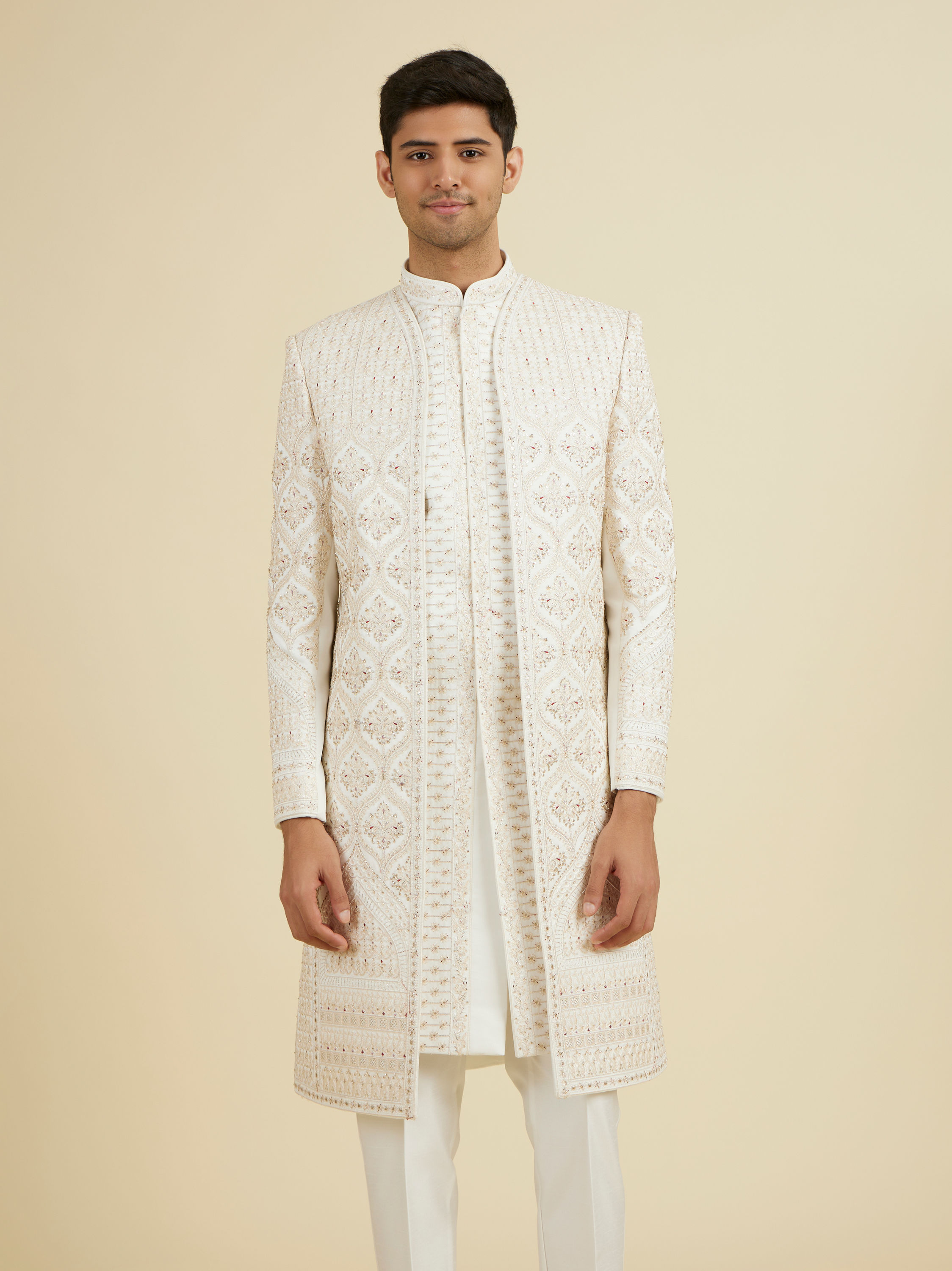 Manyavar Men Elegant Warm White Open Sherwani