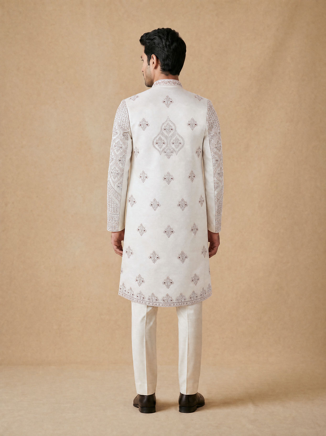 Manyavar Men Champagne Art Silk Sherwani with Intricate Embroidery