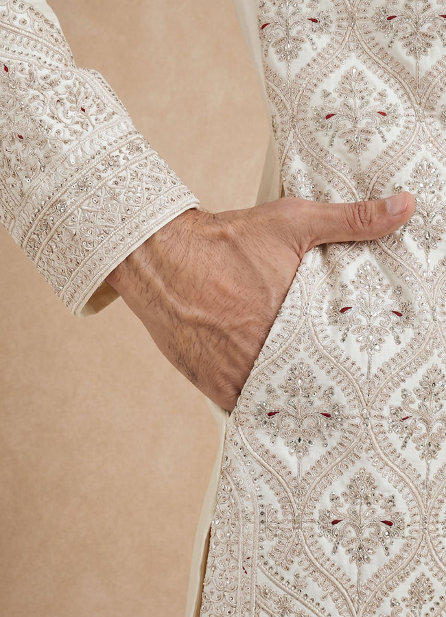 Manyavar Men Champagne Art Silk Sherwani with Intricate Embroidery