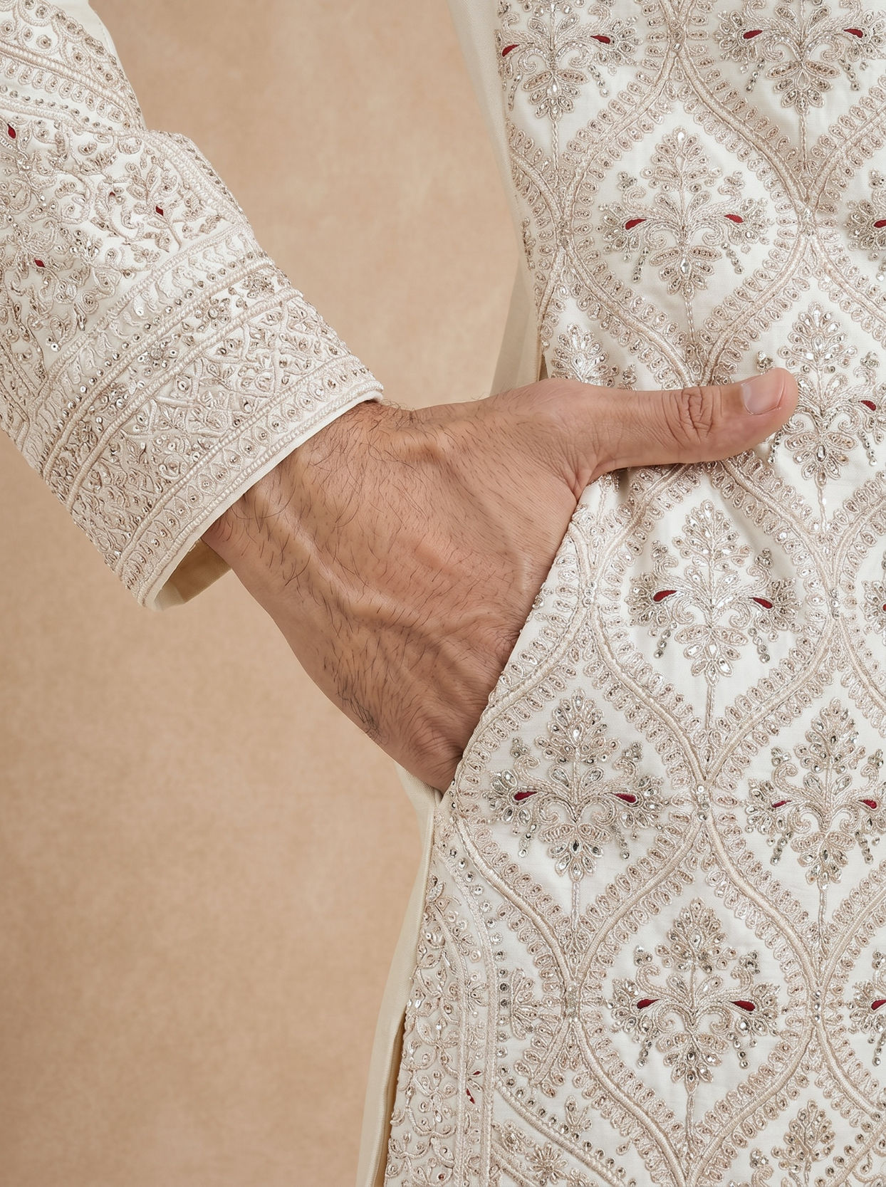 Manyavar Men Champagne Art Silk Sherwani with Intricate Embroidery