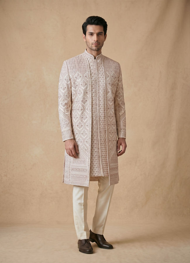 Manyavar Men Champagne Art Silk Sherwani with Intricate Embroidery