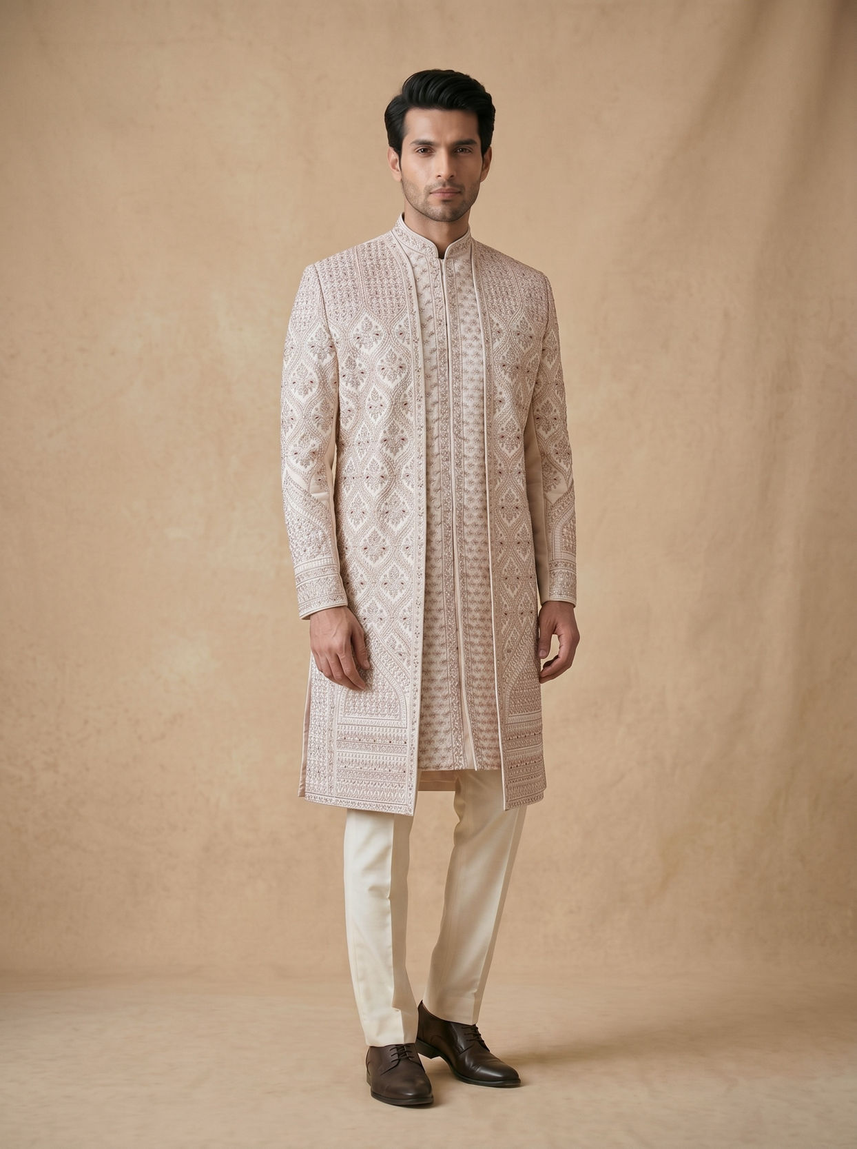 Manyavar Men Champagne Art Silk Sherwani with Intricate Embroidery