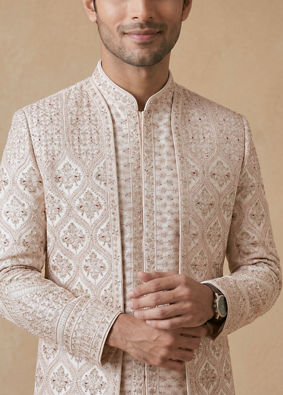 Manyavar Men Champagne Art Silk Sherwani with Intricate Embroidery