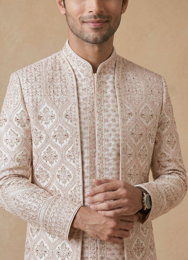 Manyavar Men Champagne Art Silk Sherwani with Intricate Embroidery