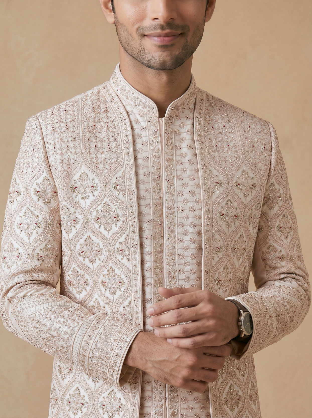 Manyavar Men Champagne Art Silk Sherwani with Intricate Embroidery