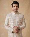 Manyavar Men Champagne Art Silk Sherwani with Intricate Embroidery
