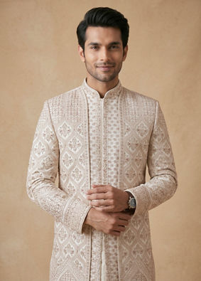 Manyavar Men Champagne Art Silk Sherwani with Intricate Embroidery