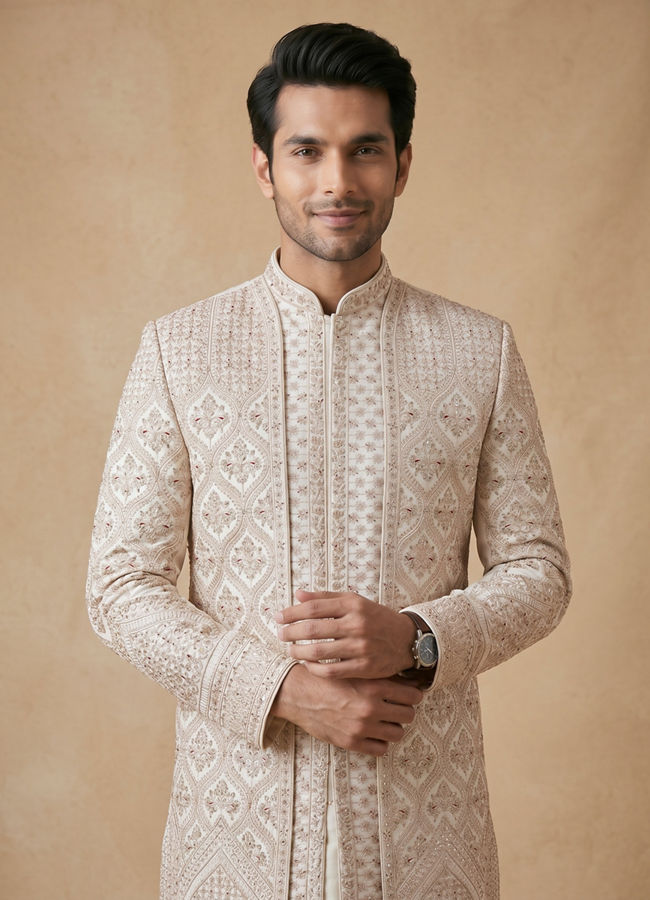 Manyavar Men Champagne Art Silk Sherwani with Intricate Embroidery