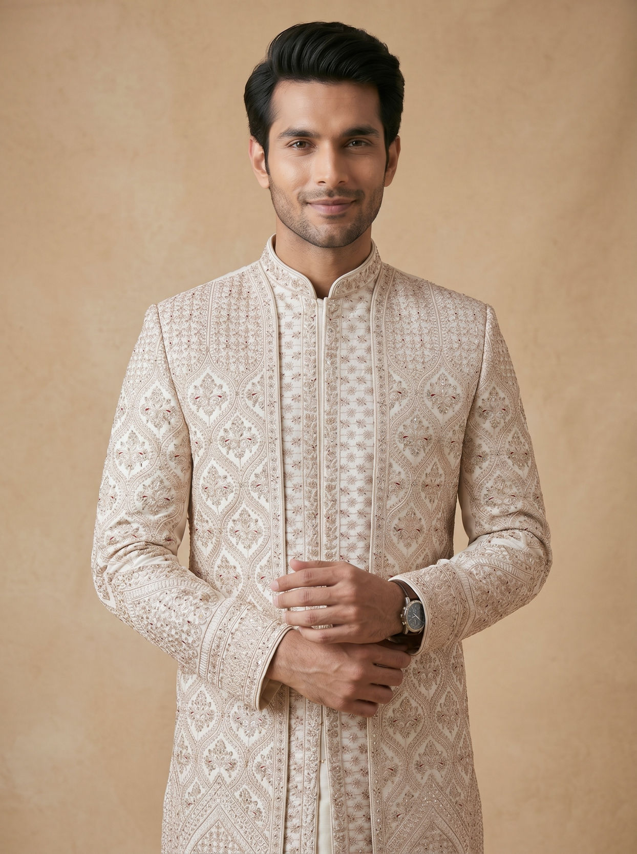 Manyavar Men Champagne Art Silk Sherwani with Intricate Embroidery
