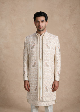 Manyavar Men White Silk Open Sherwani with Embroidery