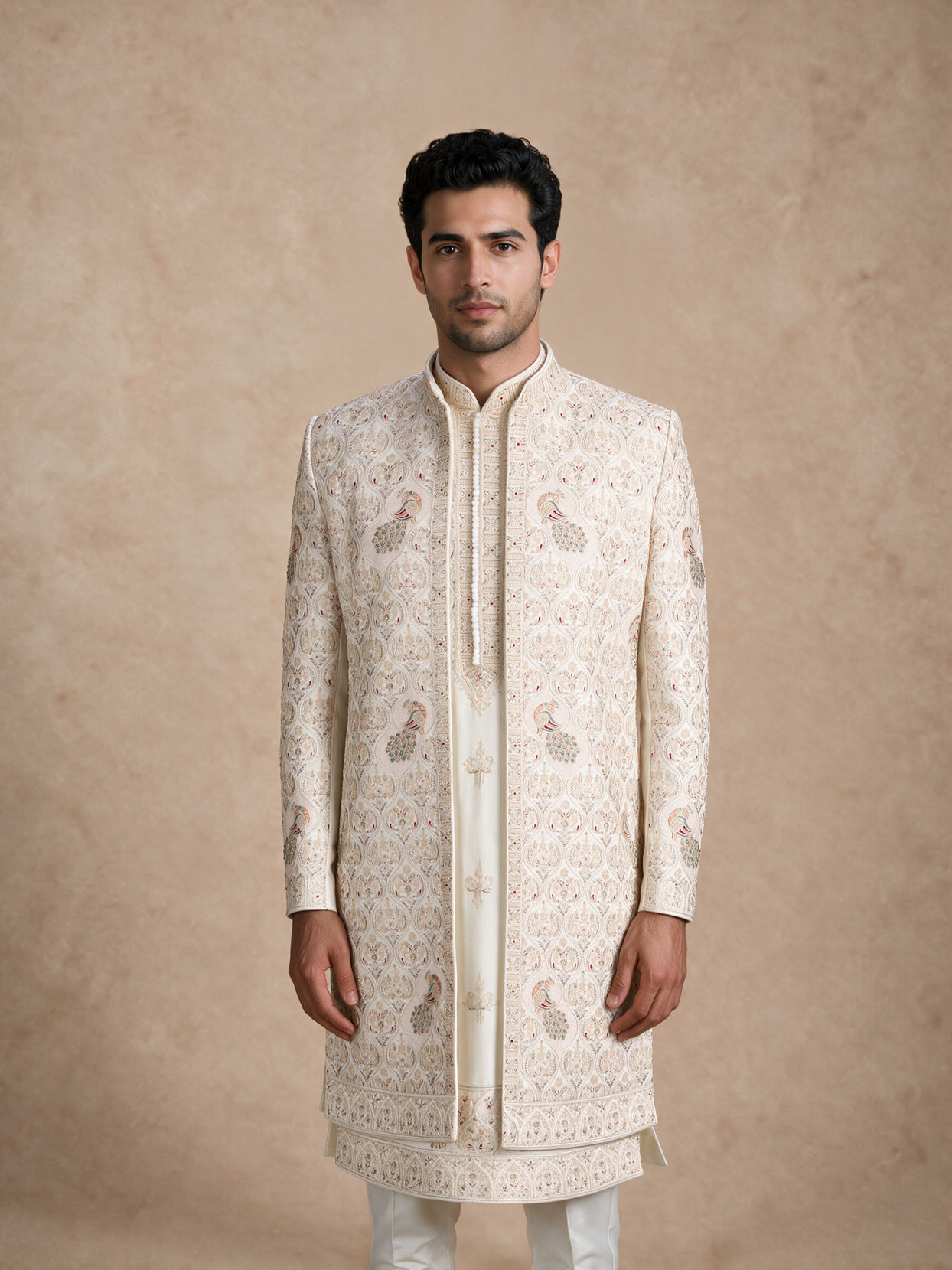 Manyavar Men White Silk Open Sherwani with Embroidery