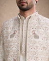 Manyavar Men White Silk Open Sherwani with Embroidery