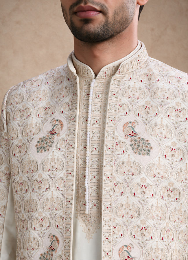 Manyavar Men White Silk Open Sherwani with Embroidery