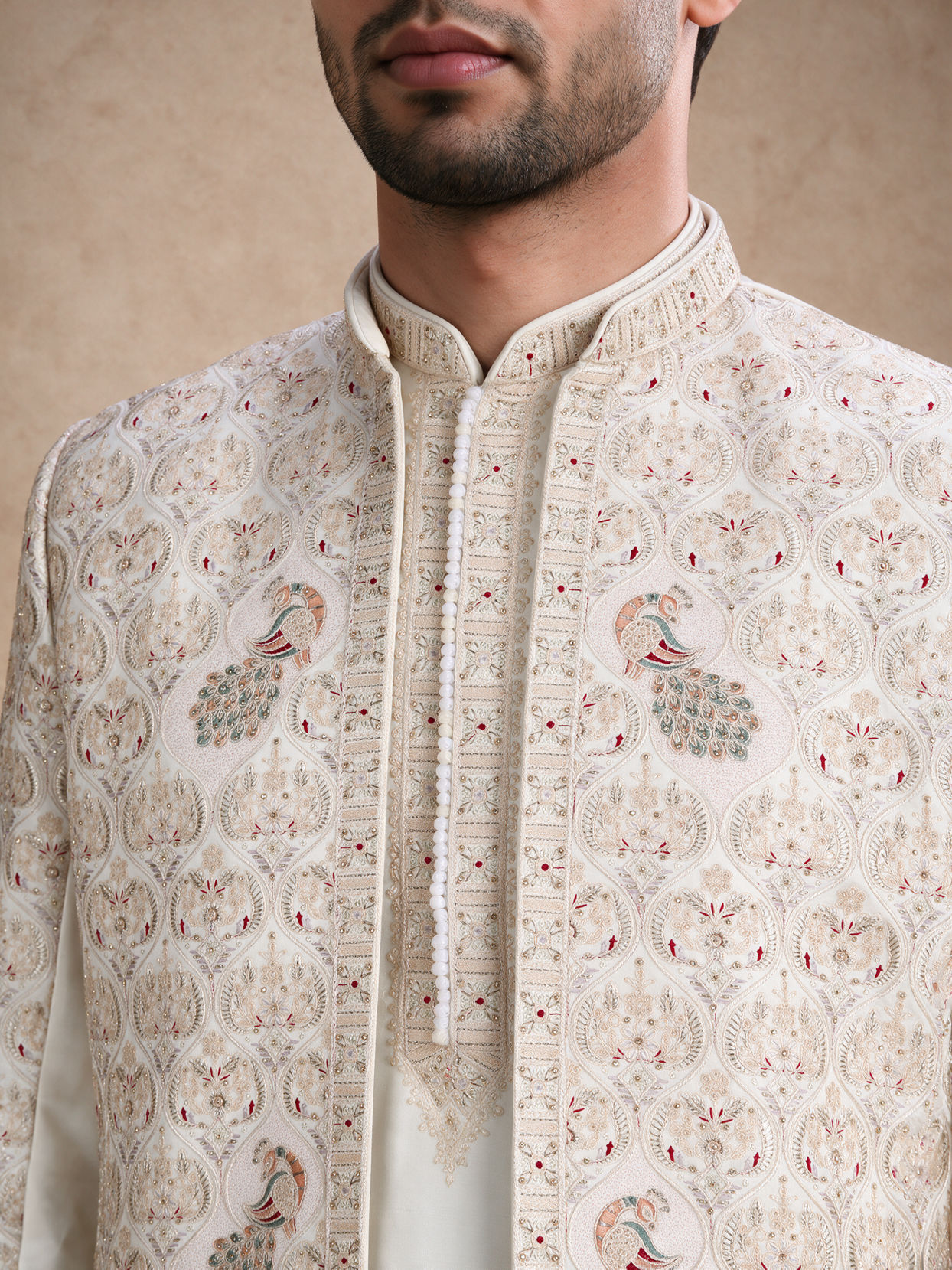 Manyavar Men White Silk Open Sherwani with Embroidery