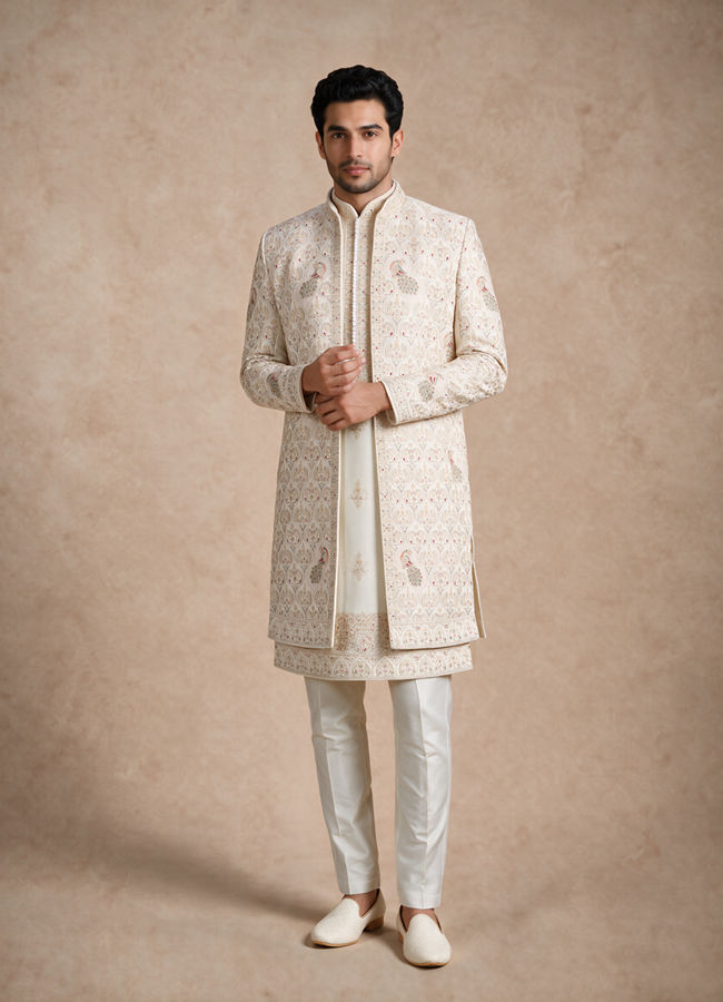 Manyavar Men White Silk Open Sherwani with Embroidery