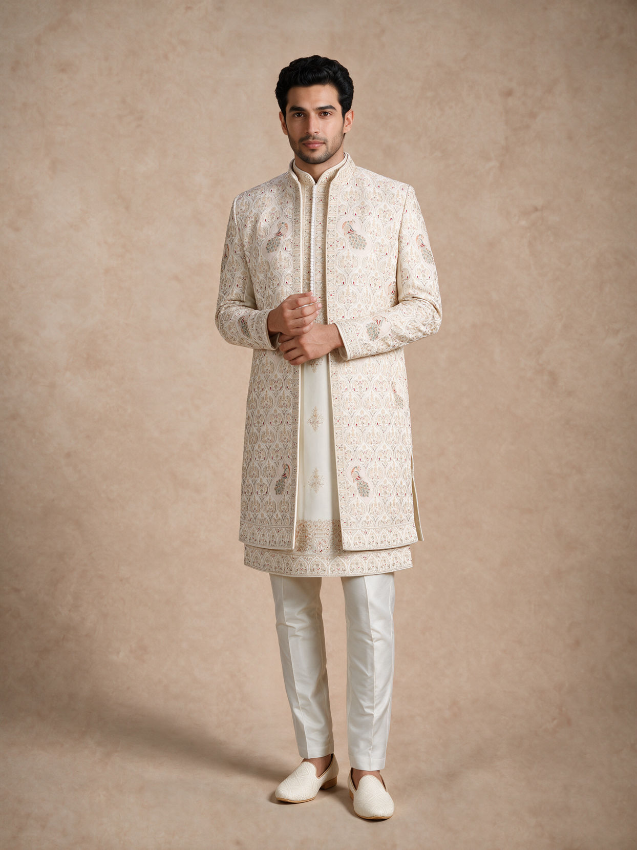 Manyavar Men White Silk Open Sherwani with Embroidery