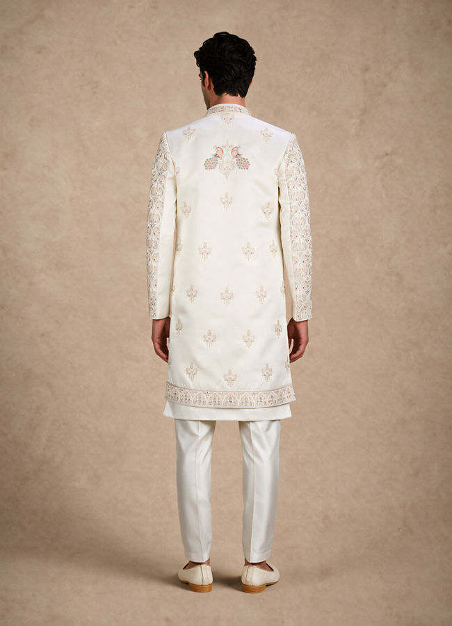 Manyavar Men White Silk Open Sherwani with Embroidery