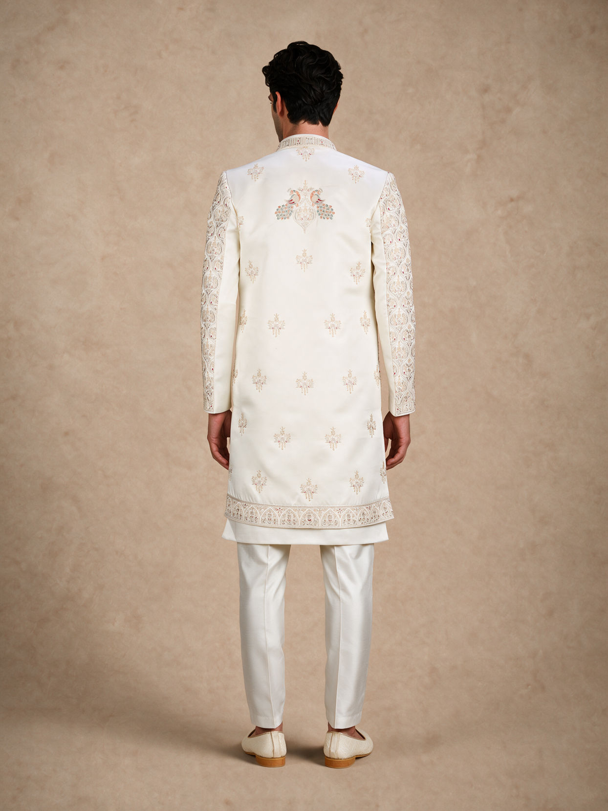 Manyavar Men White Silk Open Sherwani with Embroidery