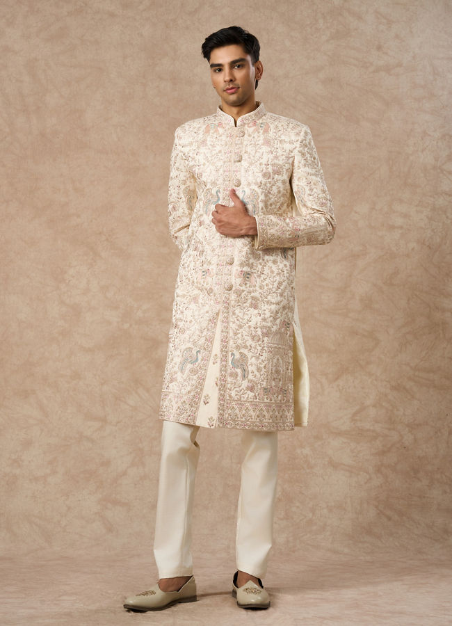 Manyavar Men Cream Art Silk Sherwani with Embroidery
