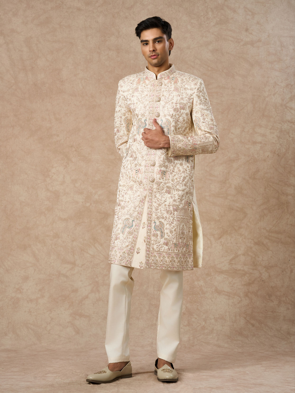 Manyavar Men Cream Art Silk Sherwani with Embroidery